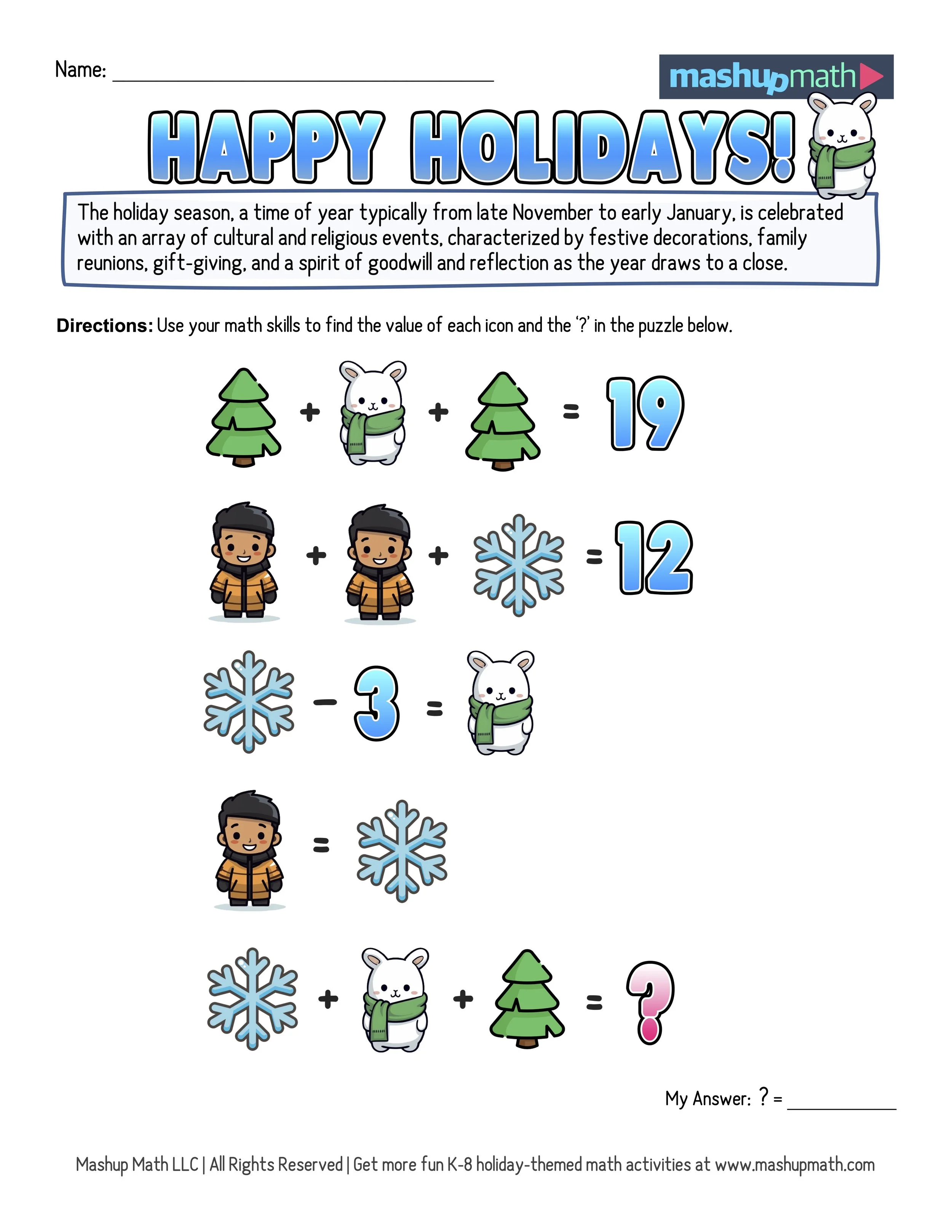 12 days of holiday math puzzles—printable k-8 worksheets — mashup math